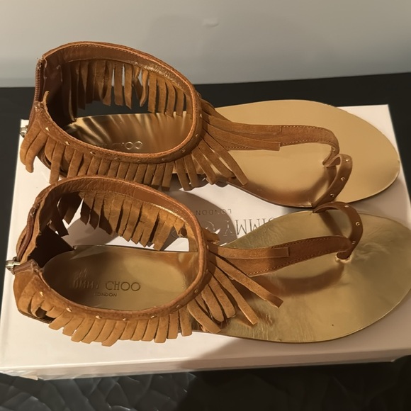 JIMMY CHOO LIKE NEW URIEL FRINGED ANKLE FLATS IN TAN SUEDE SIZE 38 - Picture 10 of 12